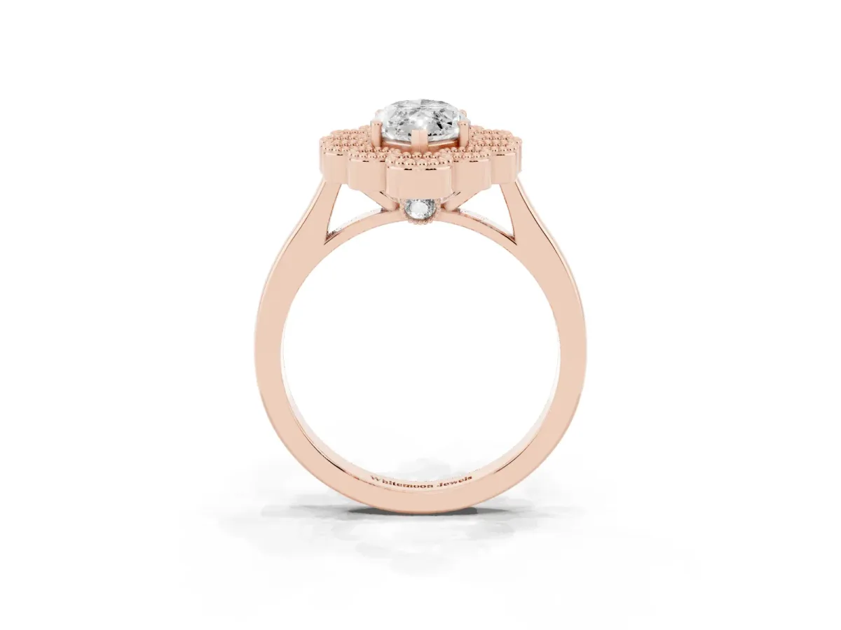 Marquise Cut Halo Diamond Cluster Engagement Ring with Milgrain Bezel Setting and Solitaire Band Rose gold