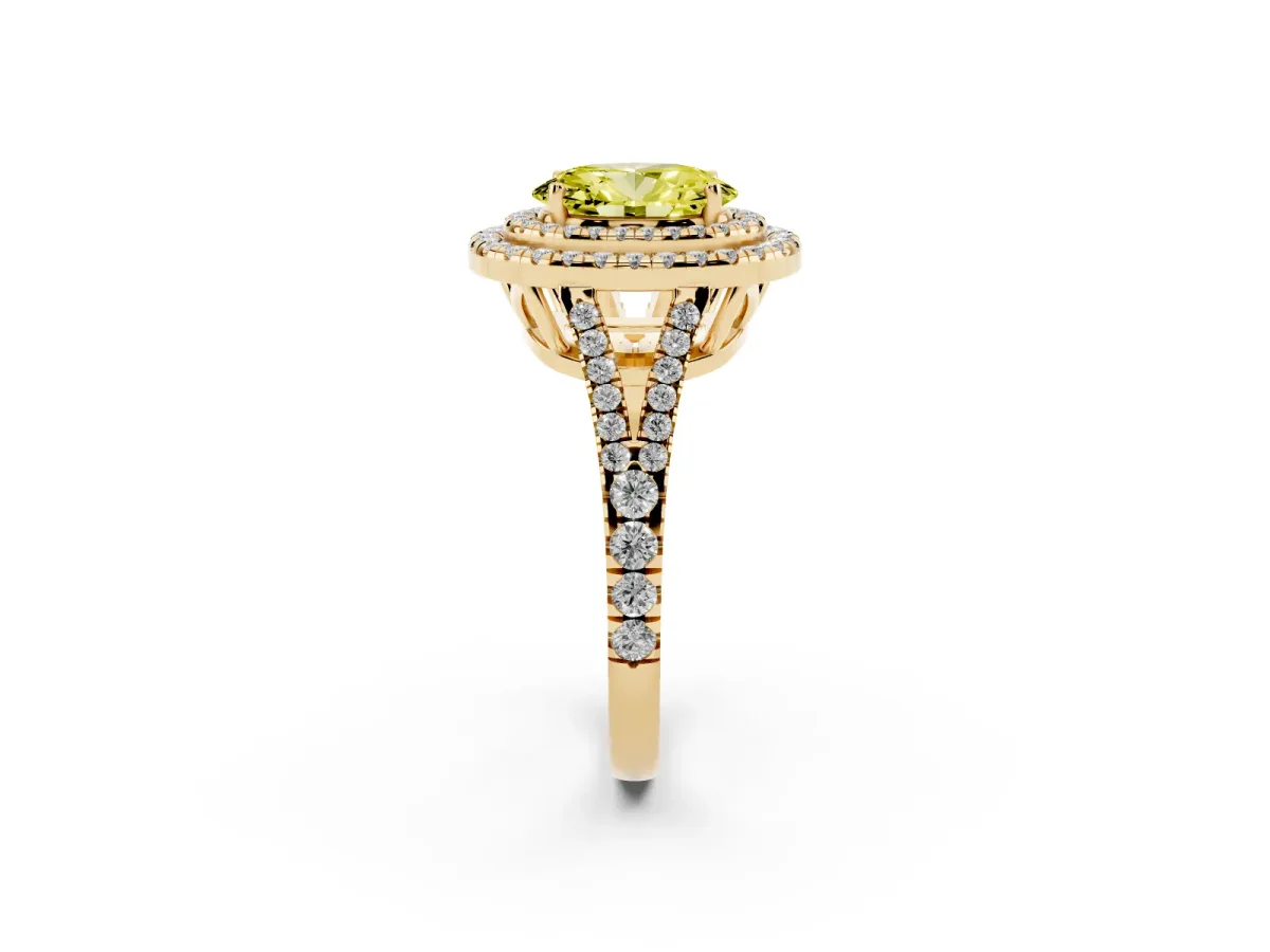 Fancy Yellow Oval Cut Diamond Double Halo Ring with Pavé Band and Prong Setting Yellow gold