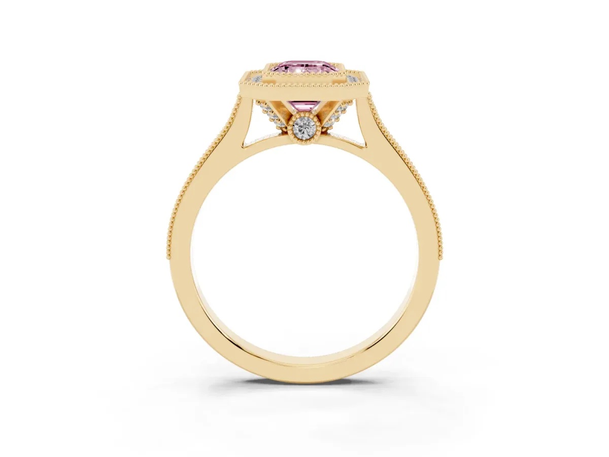 Fancy Pink Halo Emerald Cut-Cut Diamond Pave Band Milgrain Prong Setting Ring Yellow gold