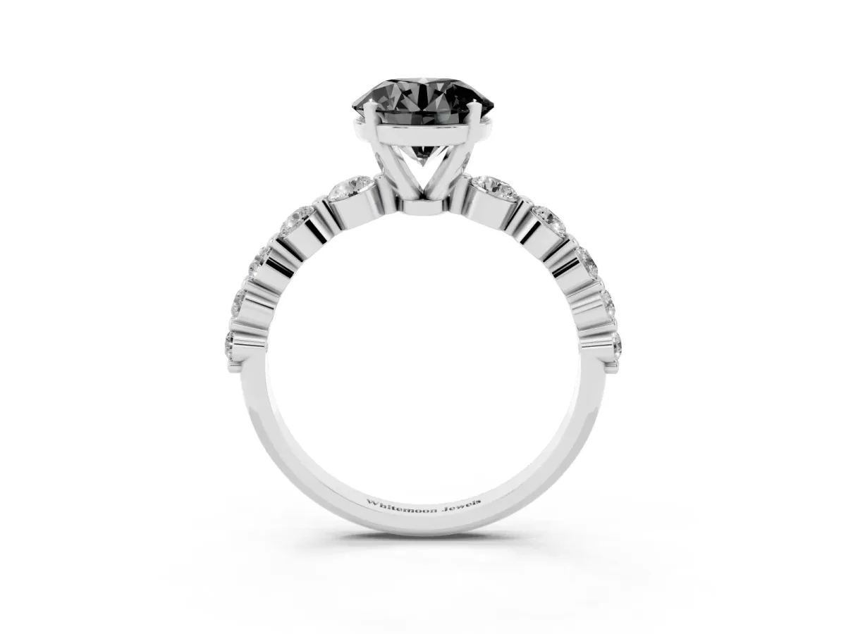 Fancy Black Round Cut Solitaire Diamond Ring with Pave Band and Four-Prong Setting Silver
