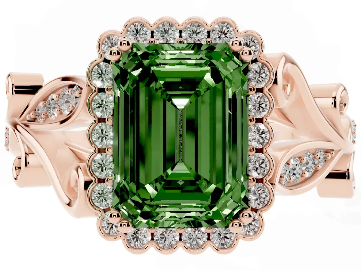 Fancy Green Emerald Cut Diamond Halo Ring with Vintage Split Shank and Four-Prong Setting Rose gold