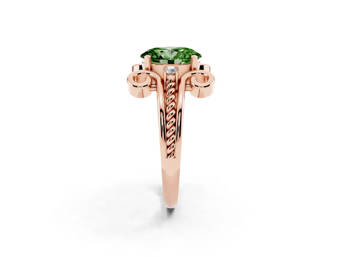 Fancy Green Oval Cut Solitaire Twisted Band Scroll Prong Ring Rose gold
