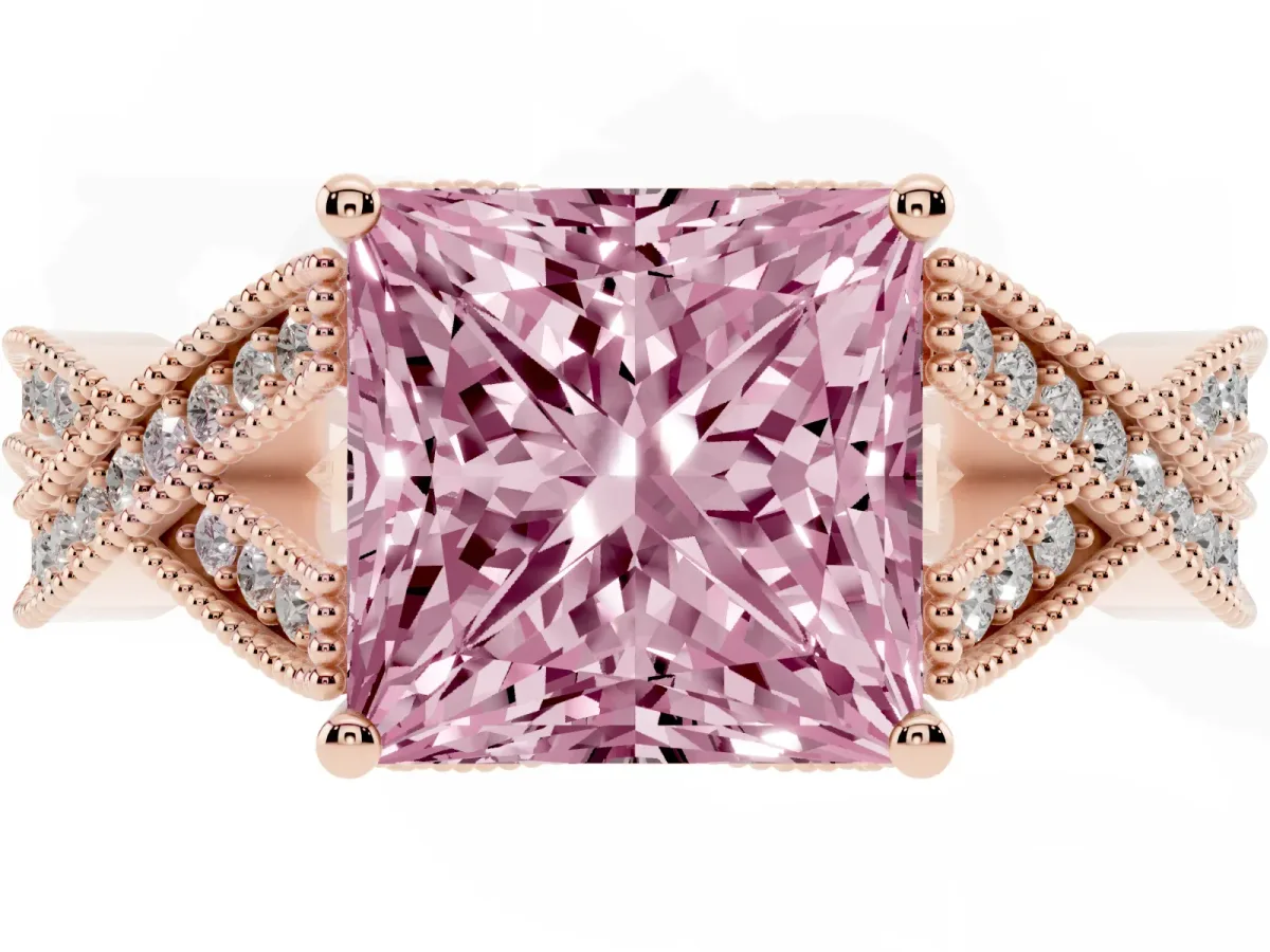 Fancy Pink Princess Cut Cut Diamond Twisted Band with Milgrain Pave Setting and Four-Prong Setting Rose gold