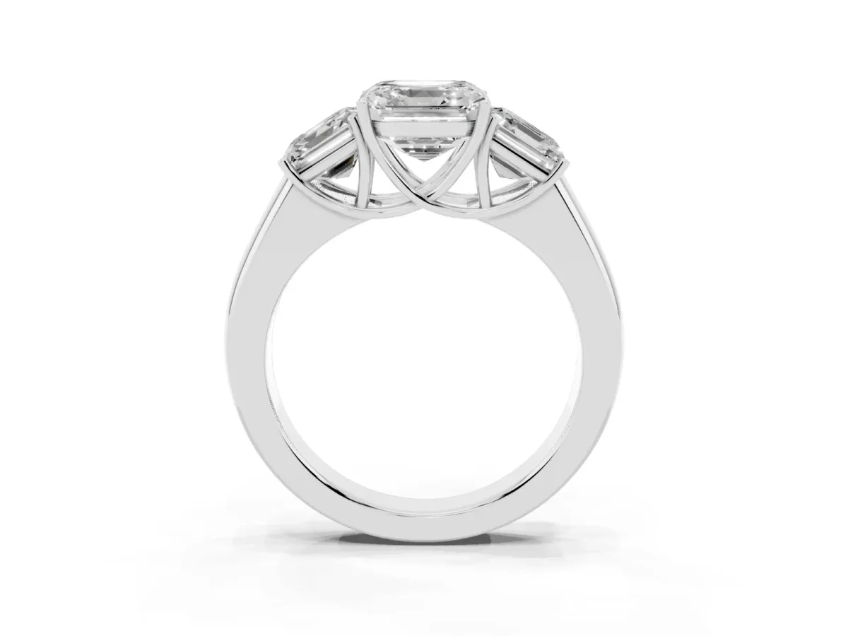 Three-Stone Asscher Cut Cut Diamond Ring with Prong Setting and Classic Band Silver