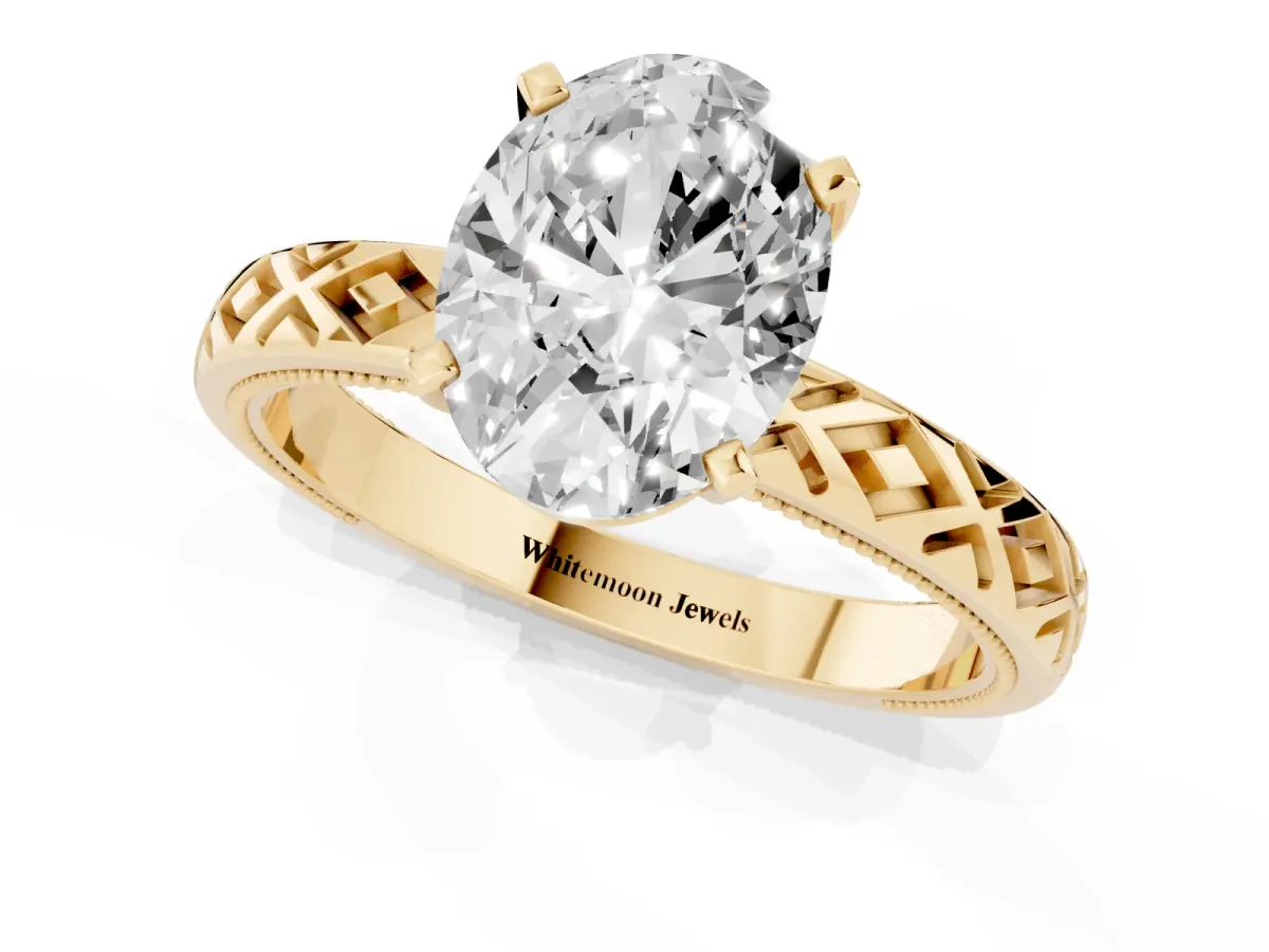 Oval Cut Solitaire Diamond Ring with Milgrain and Black Enamel X Pattern Band Yellow gold
