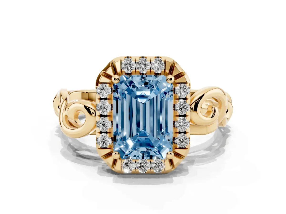 Fancy Blue Emerald Cut Cut Halo Diamond Ring with Scrollwork Band and Four-Prong Setting Yellow gold
