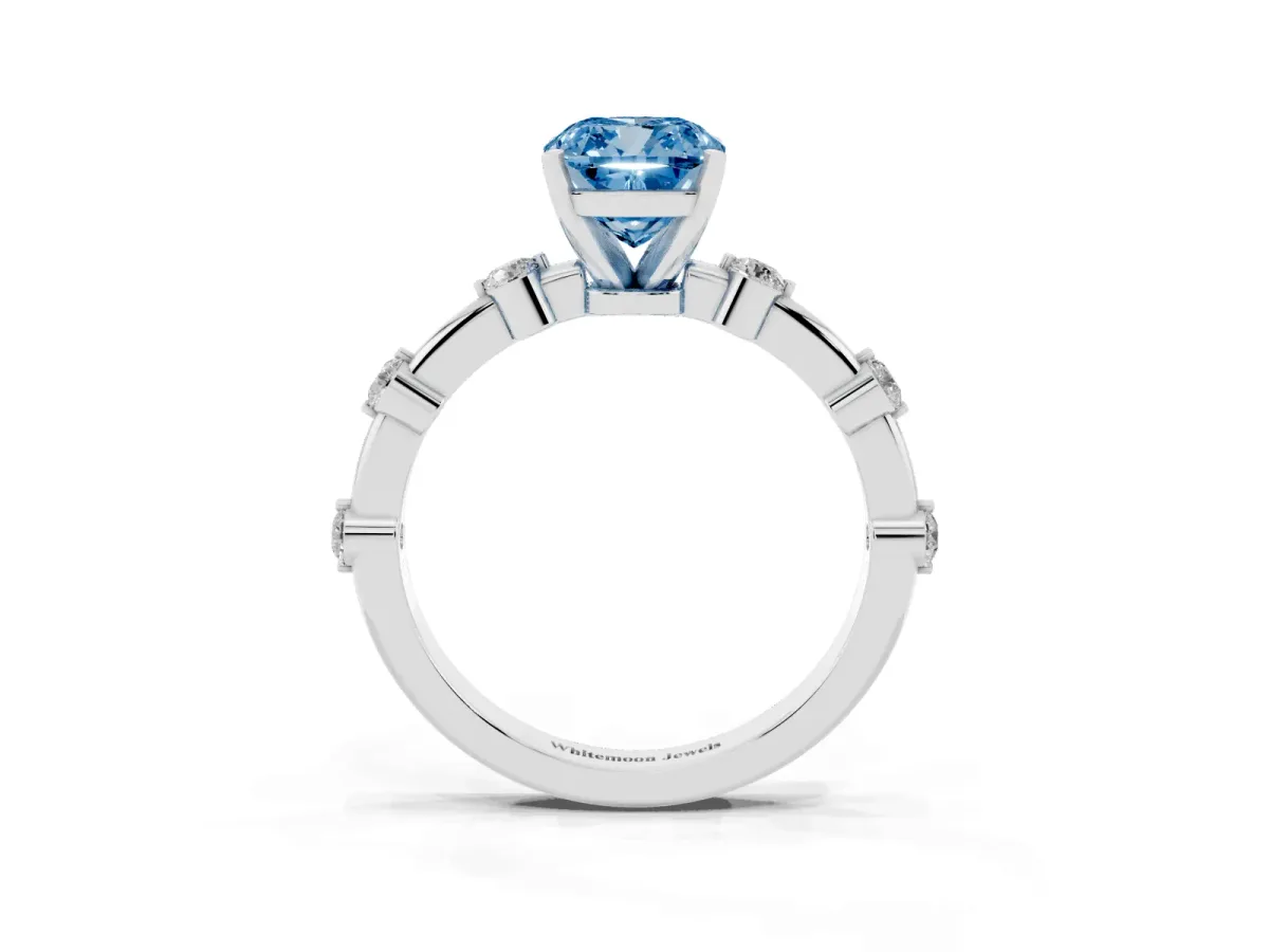 Fancy Blue Cushion Cut Solitaire Diamond Ring with Bezel Set Side Stones and Prong Setting Platinum