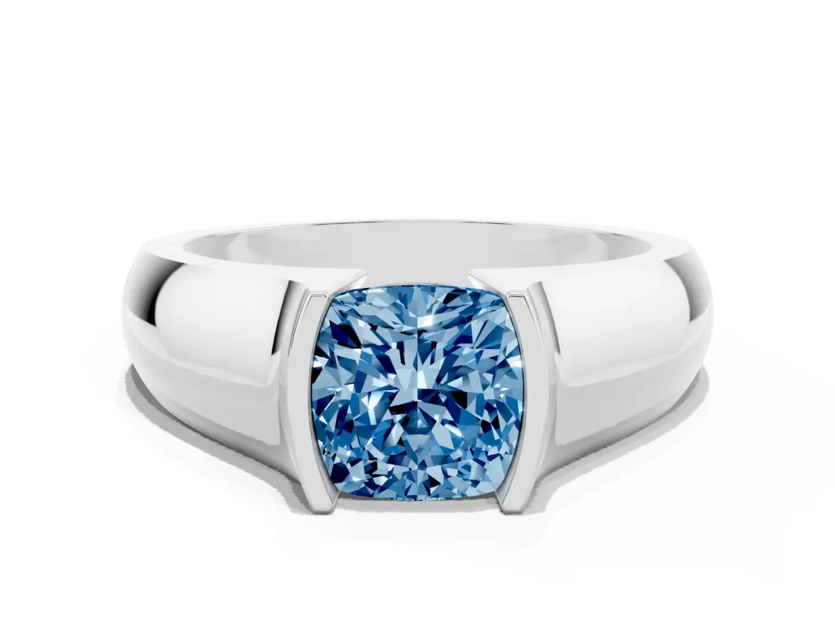 Fancy Blue Cushion Cut Solitaire Bezel Set Diamond Ring with Wide Band Silver