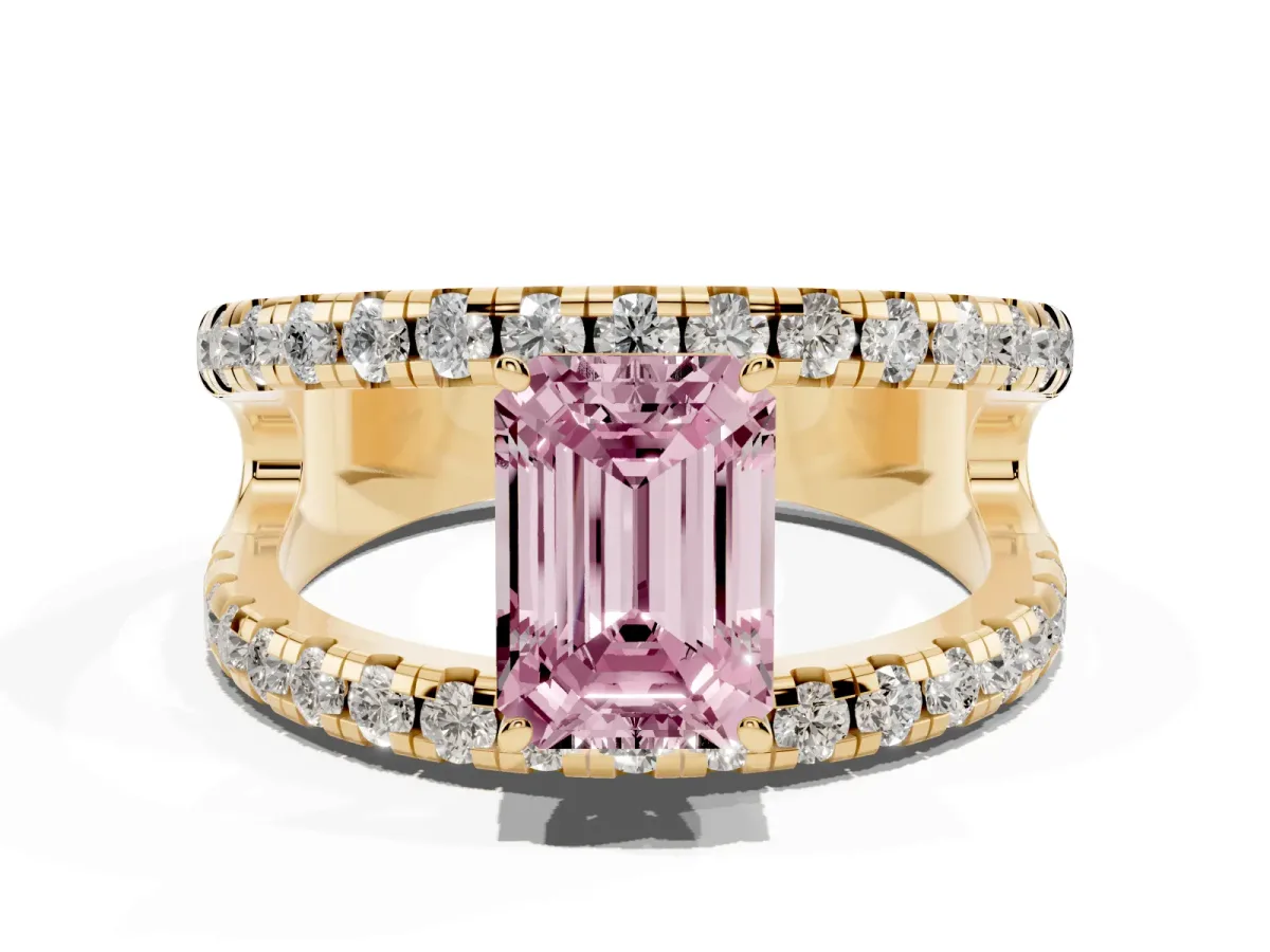 Fancy Pink Emerald Cut Solitaire Split Shank Pave Diamond Ring Yellow gold