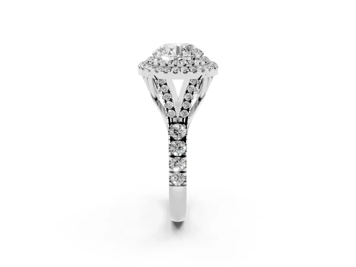 Round Cut Cut Double Halo Split Shank Diamond Ring with Prong Setting Silver