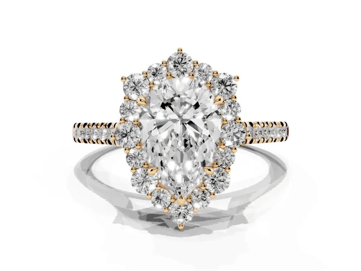 Pear Cut Halo Diamond Ring with Pavé Band and Prong Setting Yellow gold