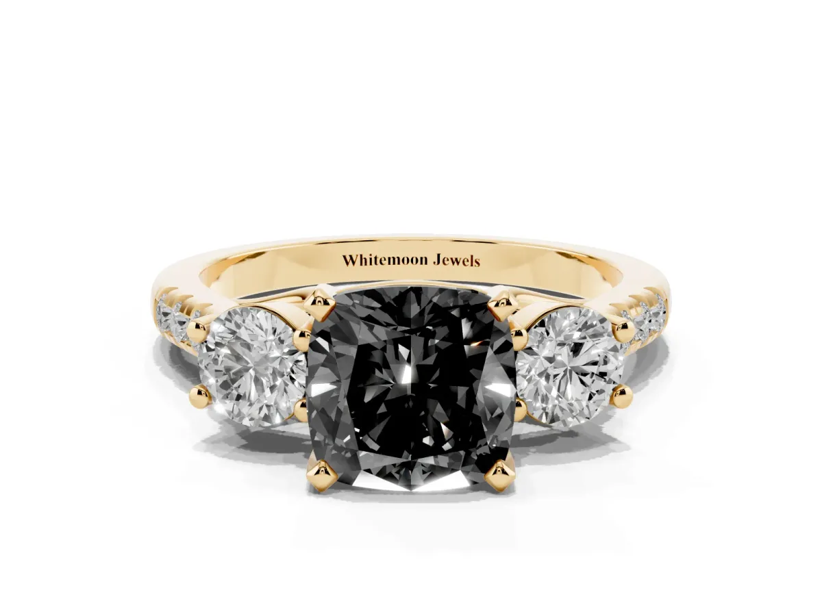 Fancy Black Three-Stone Cushion Cut Diamond Pavé Band with Four-Prong Setting Yellow gold