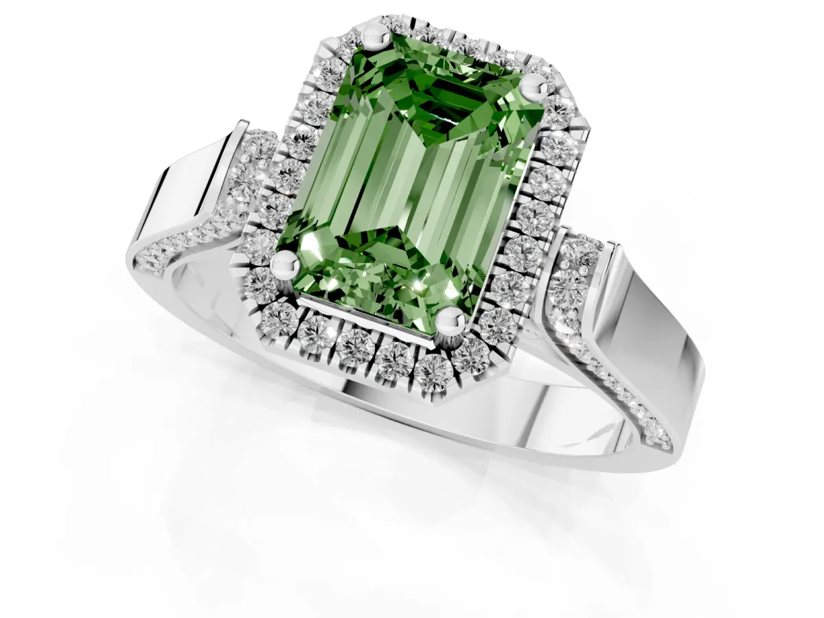 Fancy Green Emerald Cut Halo Pave Split Shank Prong Setting Ring Silver