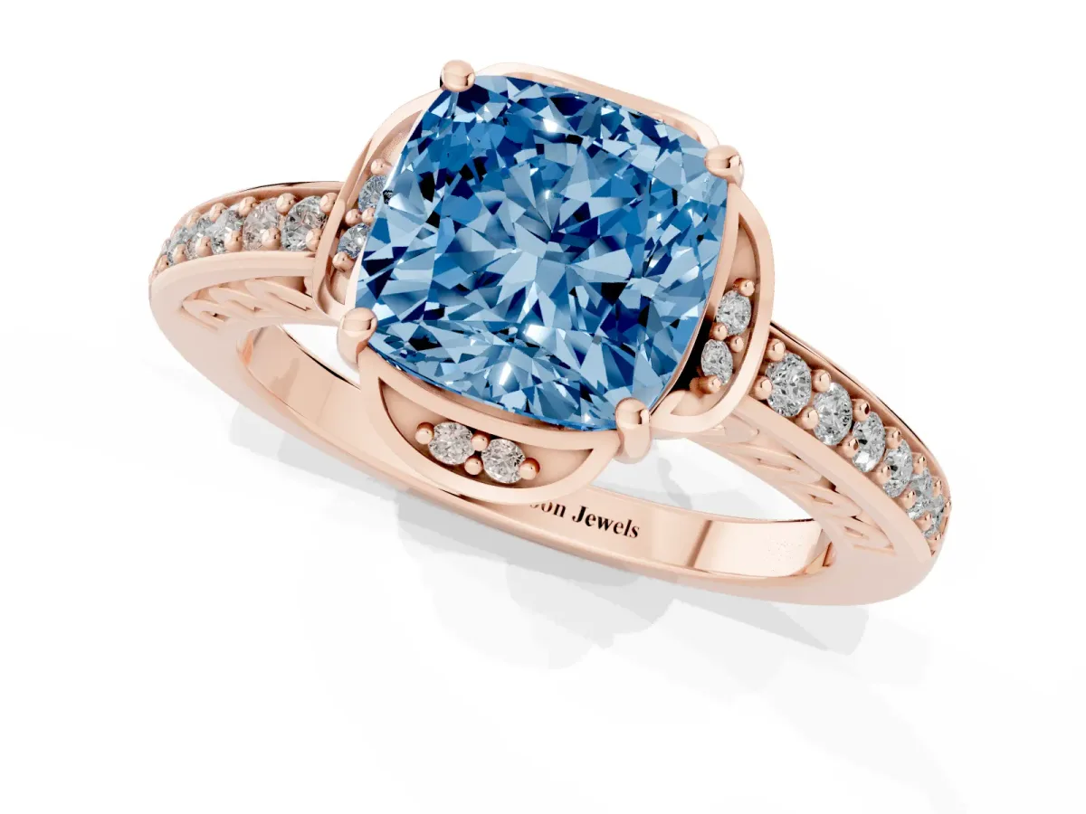 Fancy Blue Cushion Cut Cut Halo Diamond Ring with Channel Set Band and Four-Prong Setting Rose gold