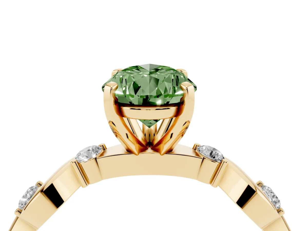 Fancy Green Pear Cut Diamond Solitaire Twisted Band with Round Accents and Prong Setting Yellow gold