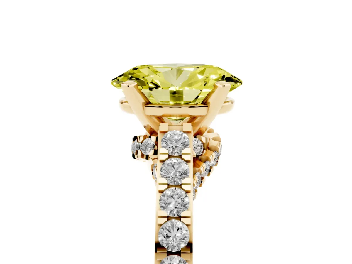 Fancy Yellow Oval Cut Diamond Solitaire Ring with Crossover Gallery and Round Pavé Band Yellow gold