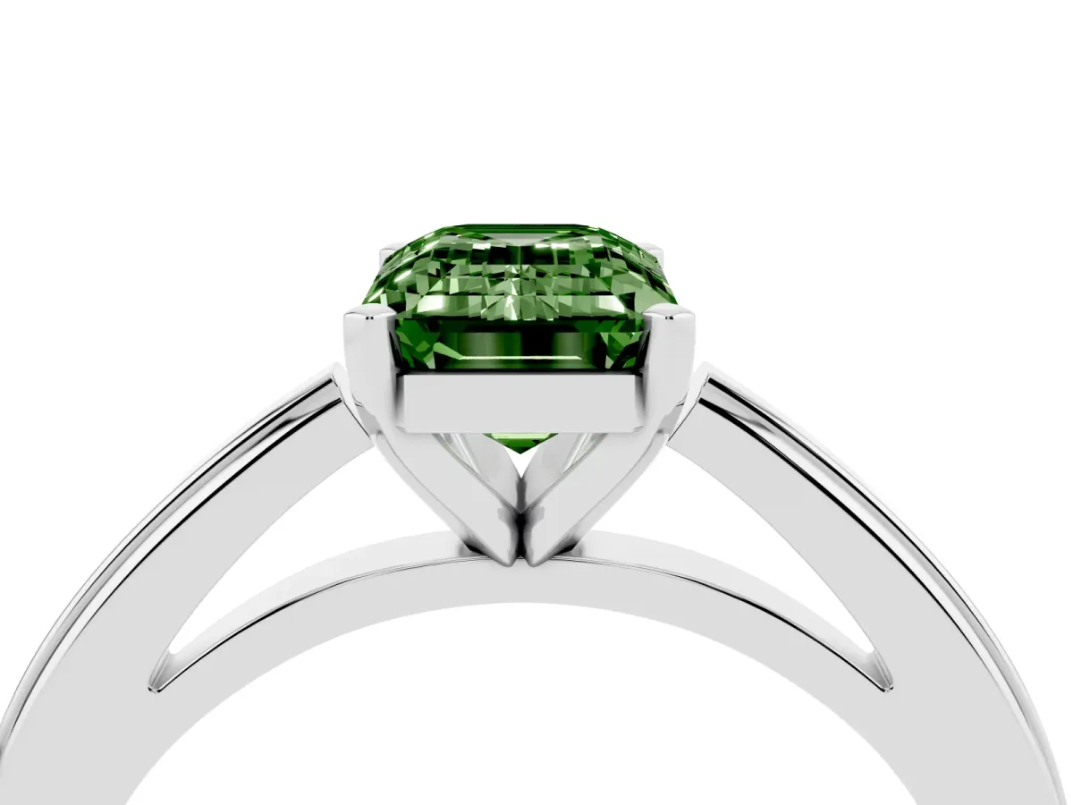 Fancy Green Emerald Cut Solitaire Diamond Ring with Four-Prong Setting and Classic Band Platinum