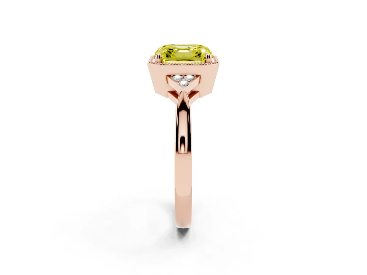 Fancy Yellow Milgrain Asscher Cut Cut Diamond Ring with Tapered Pave Band and Four Prong Setting Rose gold
