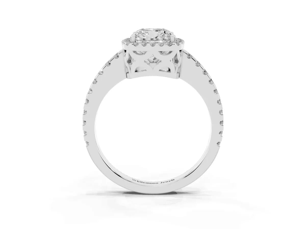 Cushion Cut Diamond Halo Engagement Ring with Pavé Band and Prong Setting Silver