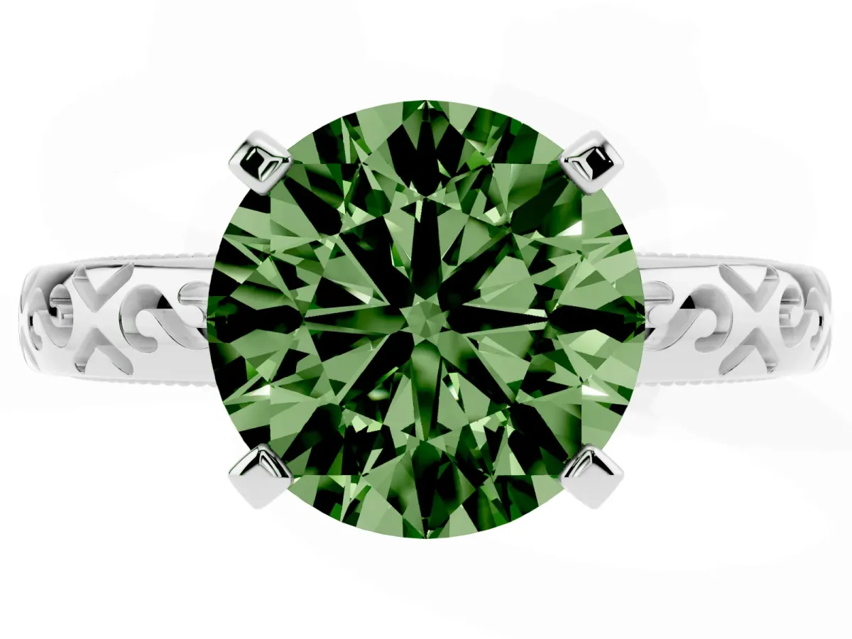 Fancy Green Round Cut Solitaire Engagement Ring with Scrollwork Band and Four-Prong Setting Silver