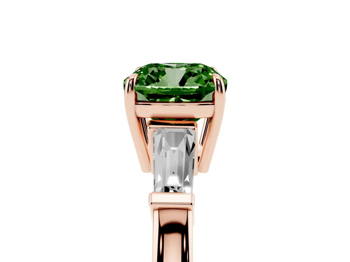 Fancy Green Cushion Cut Diamond Three-Stone Ring with Tapered Baguette Side Stones and Prong Setting Rose gold