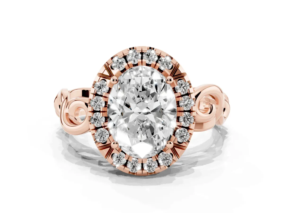 Oval Cut Cut Halo Diamond Ring with Scrollwork Band and Four-Prong Setting Rose gold