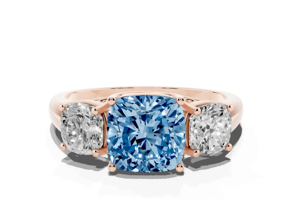 Fancy Blue Three-Stone Cushion Cut Diamond Engagement Ring with Prong Setting Rose gold