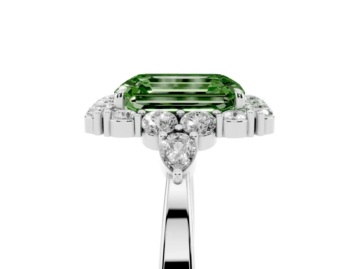 Fancy Green Emerald Cut Diamond Halo Ring with Pear Side Stones and Prong Setting Silver