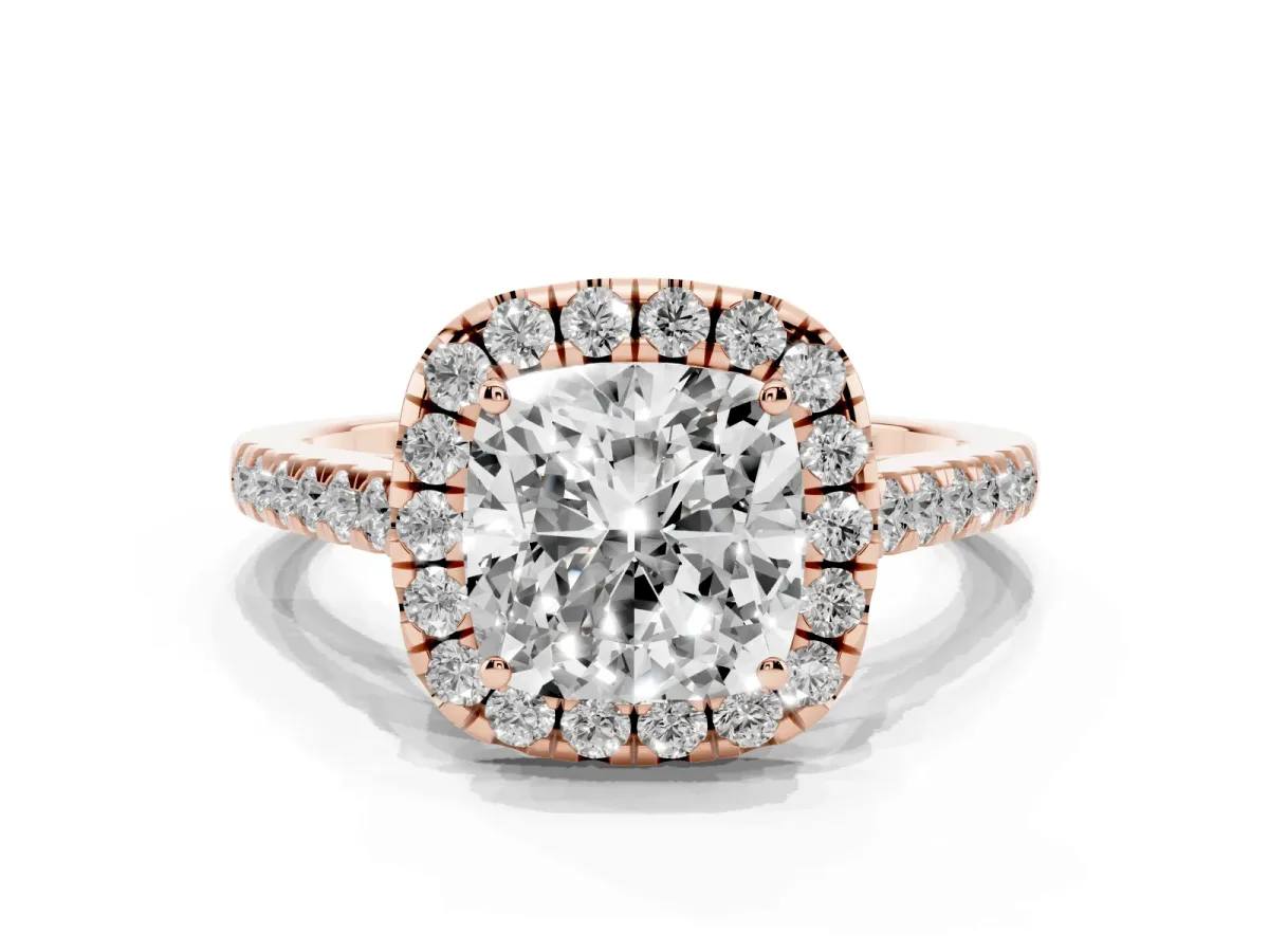 Cushion Cut Halo Pave Diamond Engagement Ring with Four-Prong Setting Rose gold