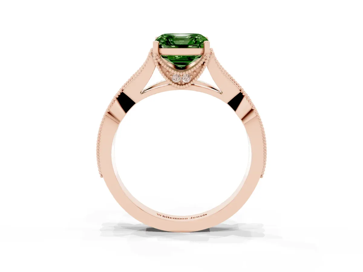 Fancy Green Asscher Cut Cut Diamond Twisted Band with Milgrain Pave Setting and Four-Prong Setting Rose gold