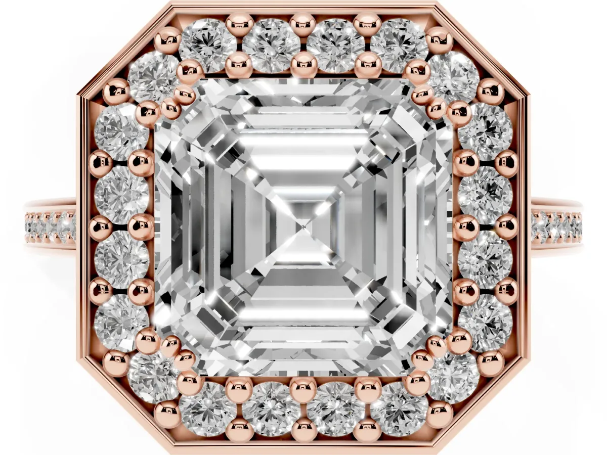 Asscher Cut Diamond Halo Ring with Split Shank and Four-Prong Setting Rose gold