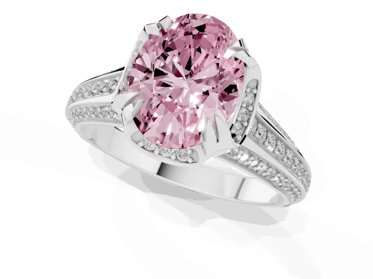 Fancy Pink Oval Cut Solitaire Pave Split Shank Ring with Four-Prong Setting Platinum