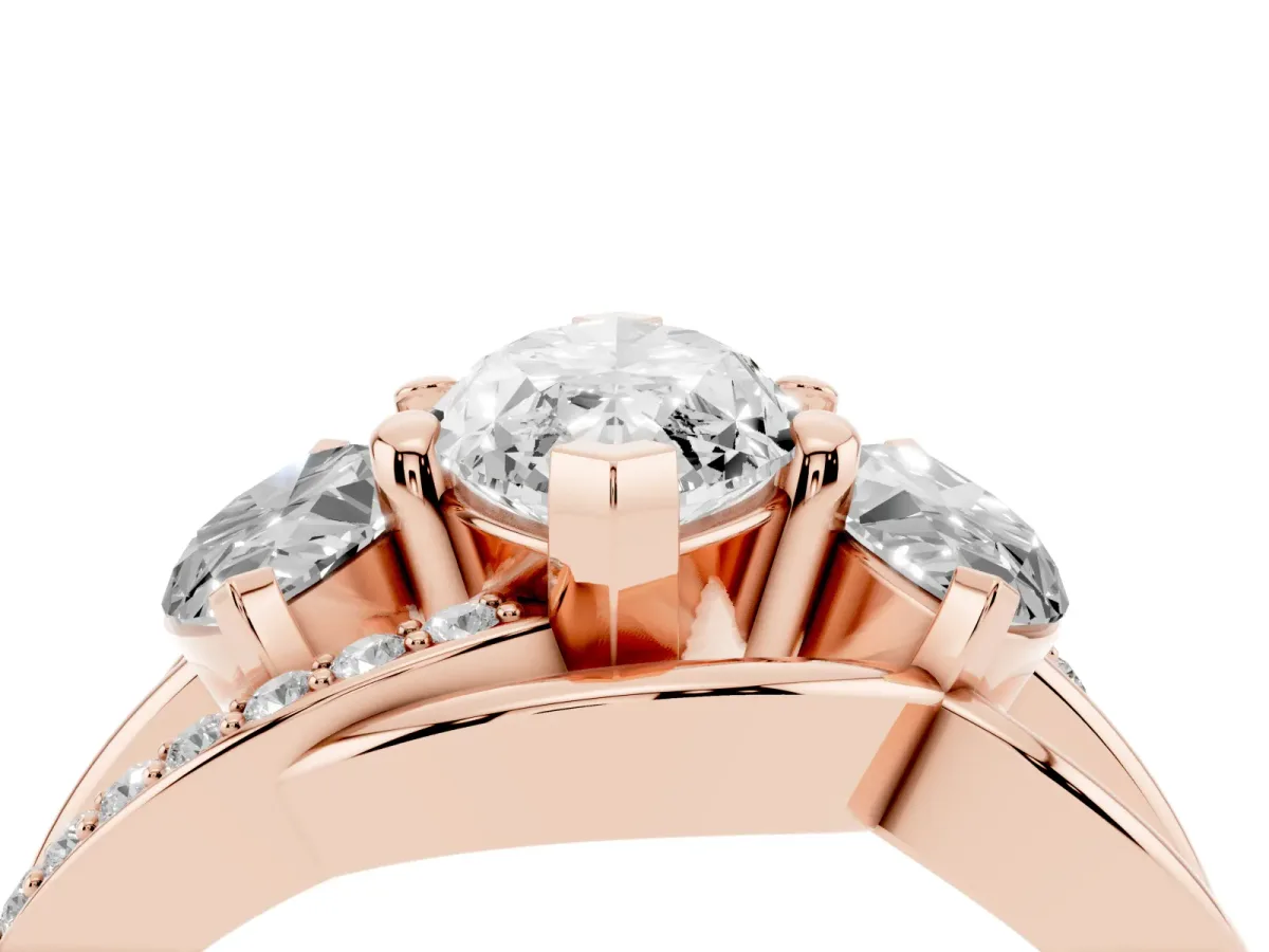 Three-Stone Marquise Cut Cut Diamond Split Shank Prong Set Ring Rose gold