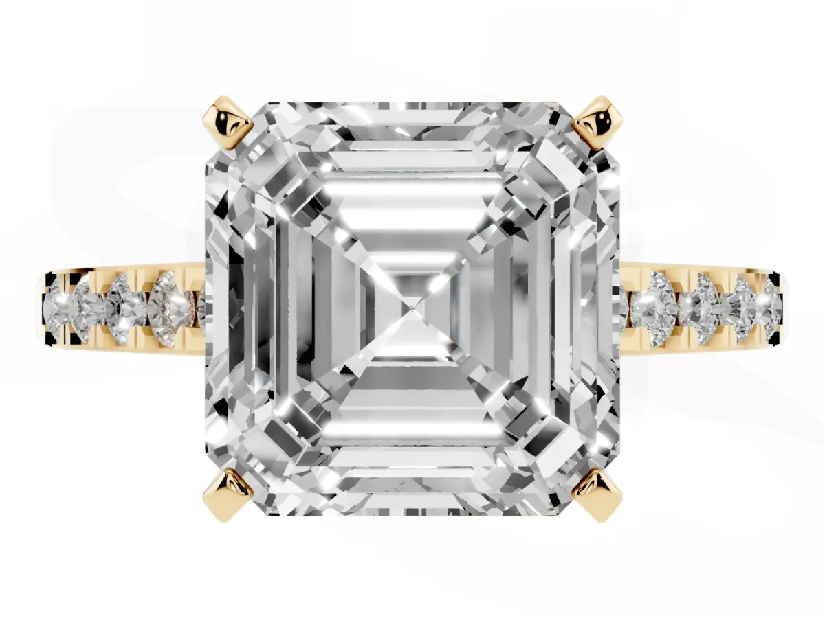 Asscher Cut Diamond Solitaire Ring with Crossover Gallery and Round Pavé Band Yellow gold