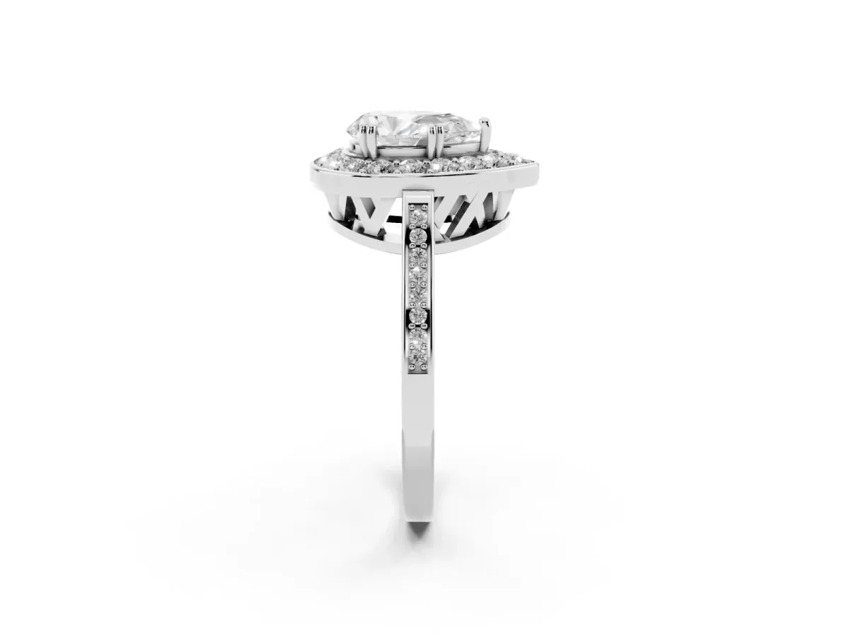 Pear Cut Diamond Halo Ring with Split Shank and Four-Prong Setting Silver