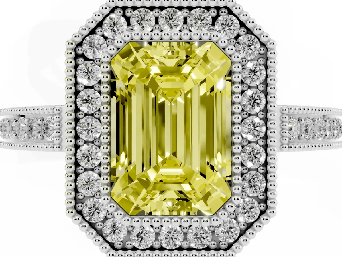 Fancy Yellow Emerald Cut Cut Halo Diamond Ring with Pavé Band and Milgrain Prong Setting White gold