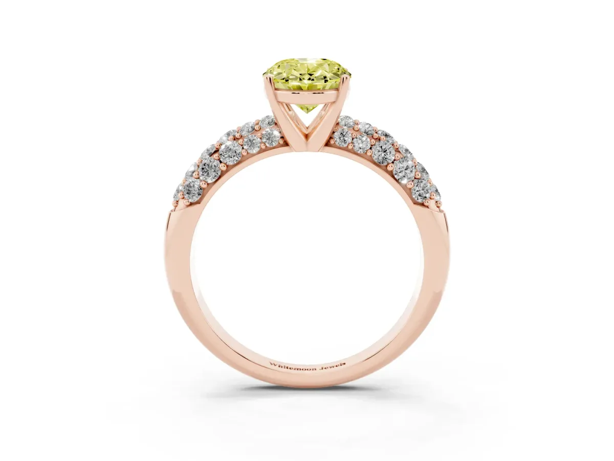 Fancy Yellow Oval Cut Diamond Pavé Band Solitaire Ring with Four-Prong Setting Rose gold