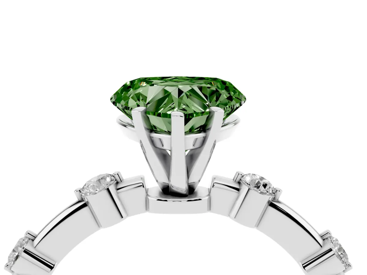 Fancy Green Heart Cut Solitaire Diamond Ring with Bezel Set Side Stones and Prong Setting Silver
