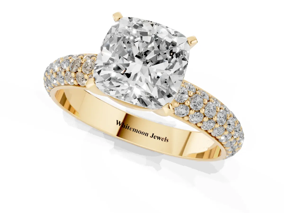 Cushion Cut Diamond Solitaire Ring with Prong Setting and Pavé Band Yellow gold