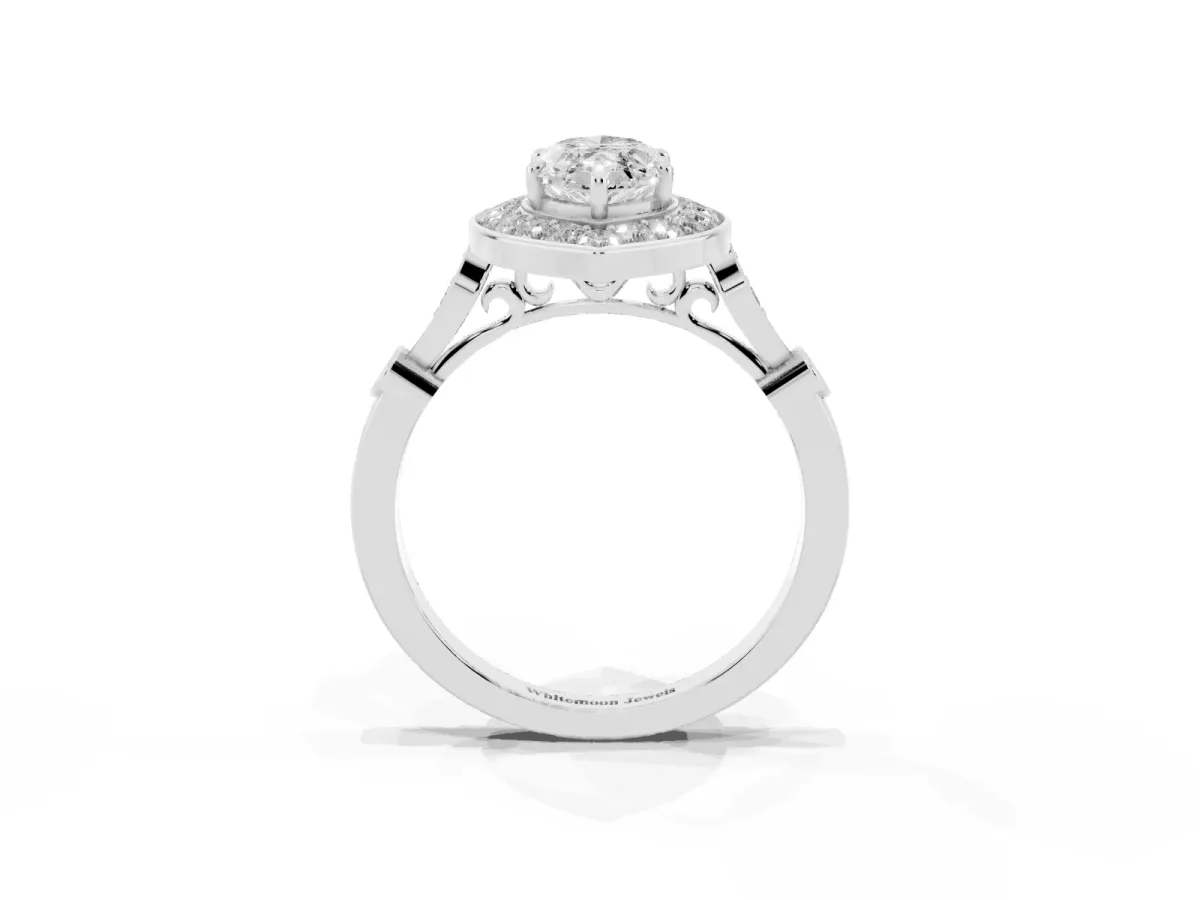Marquise Cut Halo Diamond Engagement Ring with Twisted Band and Four-Prong Setting White gold