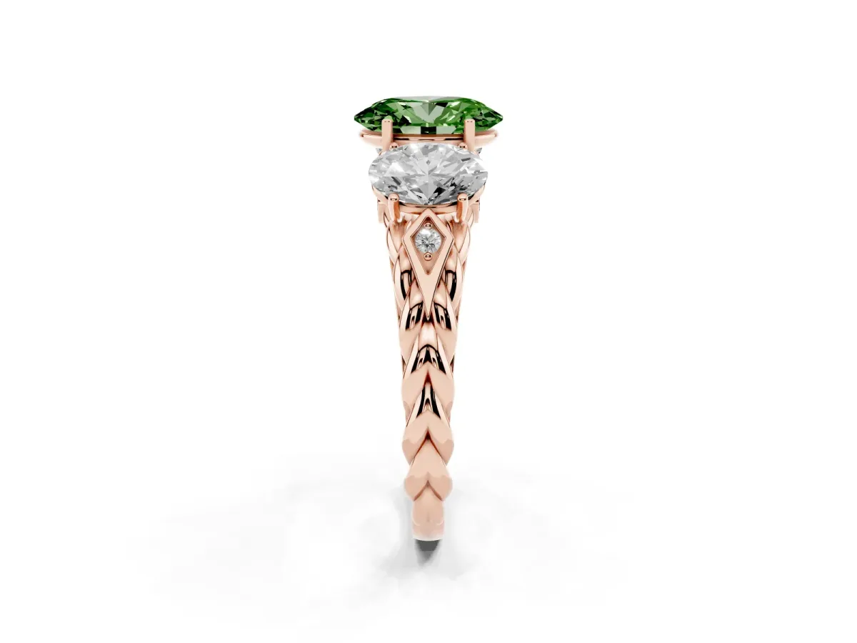 Fancy Green Three-Stone Oval Cut Diamond Braided Band Ring with Four-Prong Setting Rose gold