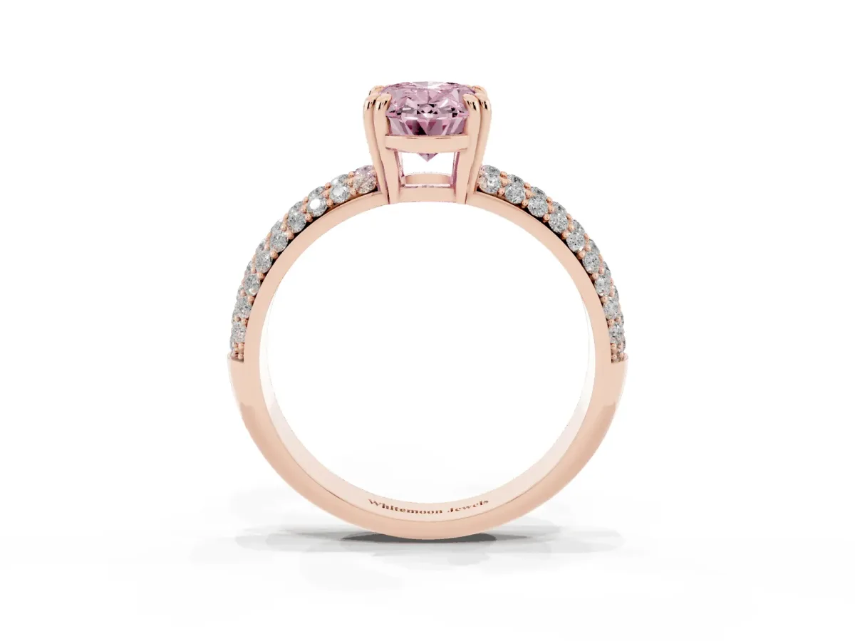 Fancy Pink Oval Cut Diamond Solitaire Ring with Multi-Row Round Pavé Band and Prong Setting Rose gold