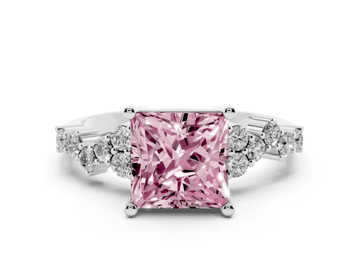 Fancy Pink Princess Cut Diamond Scattered Round Accent Ring with Prong Setting Platinum