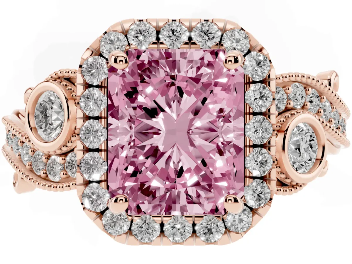 Fancy Pink Radiant Cut Halo Diamond Ring with Milgrain and Bezel Accents on a Split Shank Band Rose gold