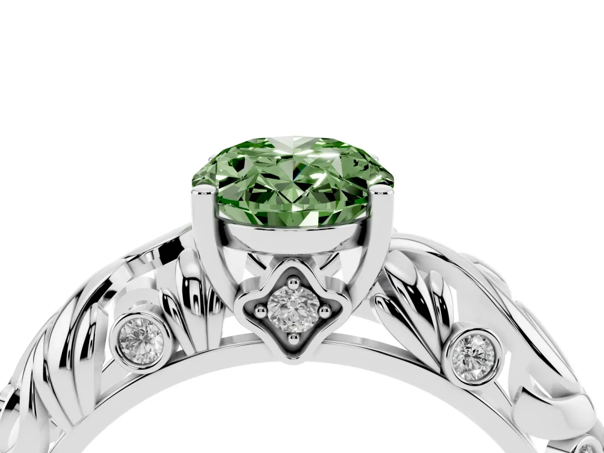 Fancy Green Oval Cut Solitaire Diamond Leaf-Inspired Vine Band Ring with Prong Setting Platinum