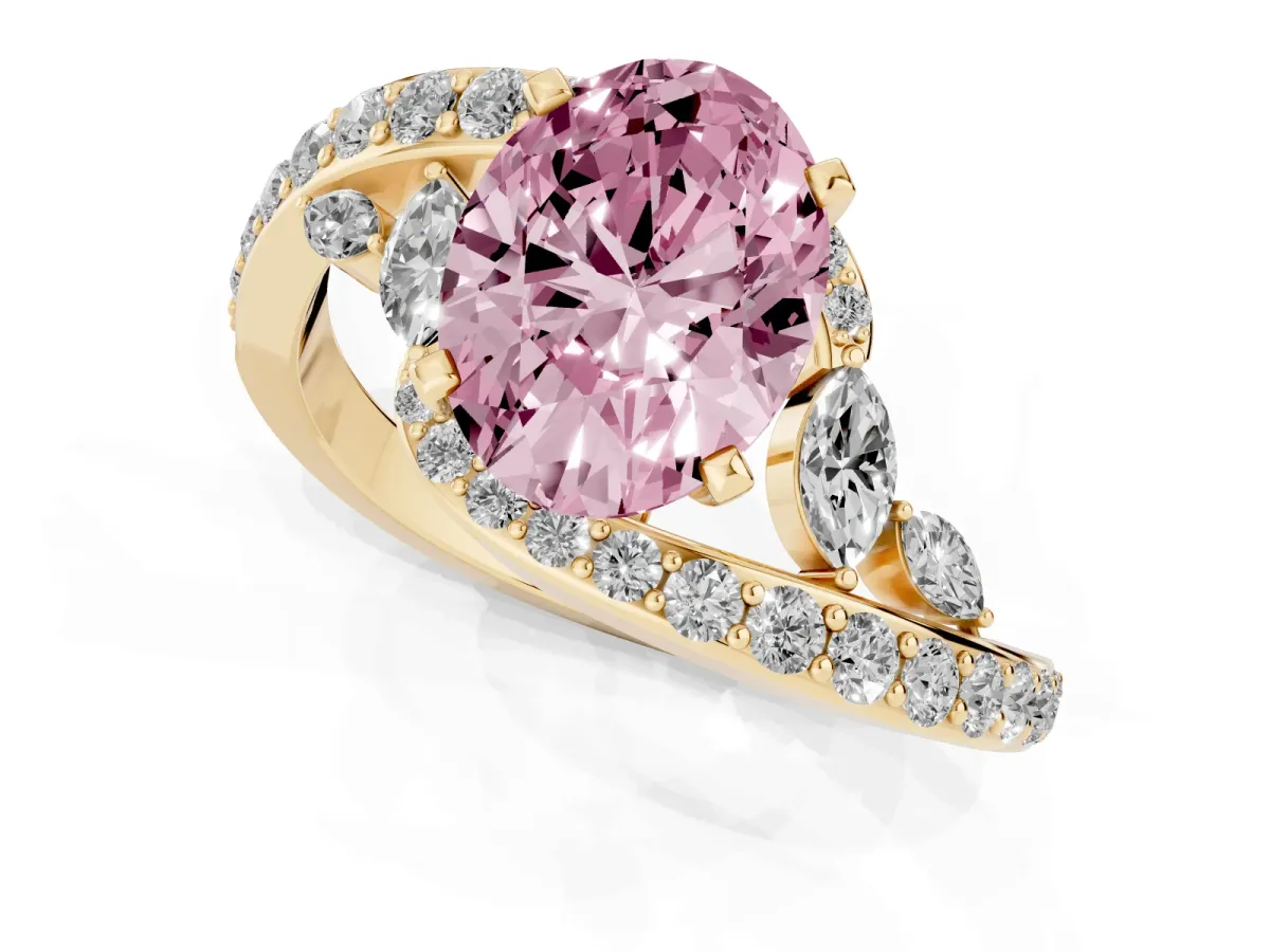 Fancy Pink Oval Cut Solitaire with Pavé Twist Band and Four-Prong Setting Yellow gold