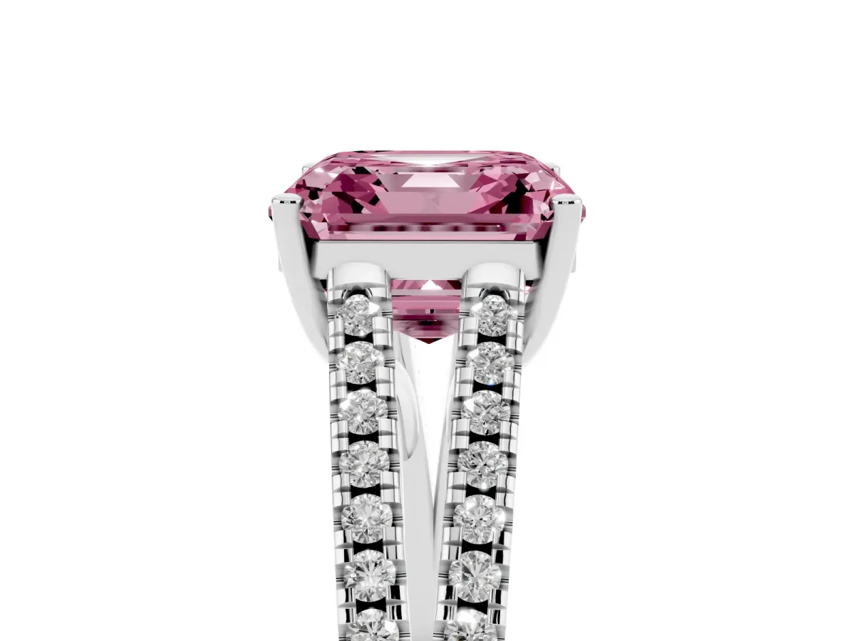 Fancy Pink Asscher Cut Diamond Solitaire Engagement Ring with Split Shank Pavé Band Platinum