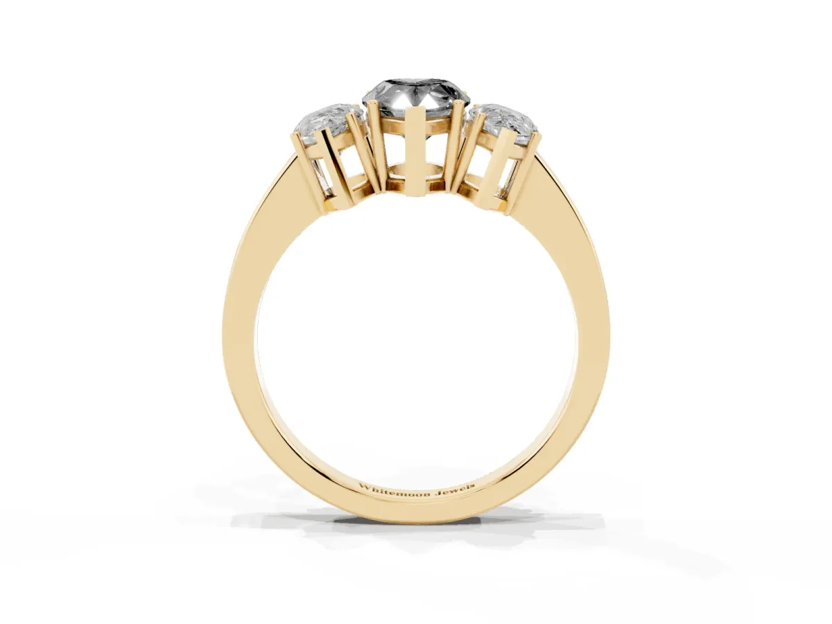 Fancy Black Three-Stone Pear Cut Cut Diamond Engagement Ring with Flat Band and Four-Prong Setting Yellow gold