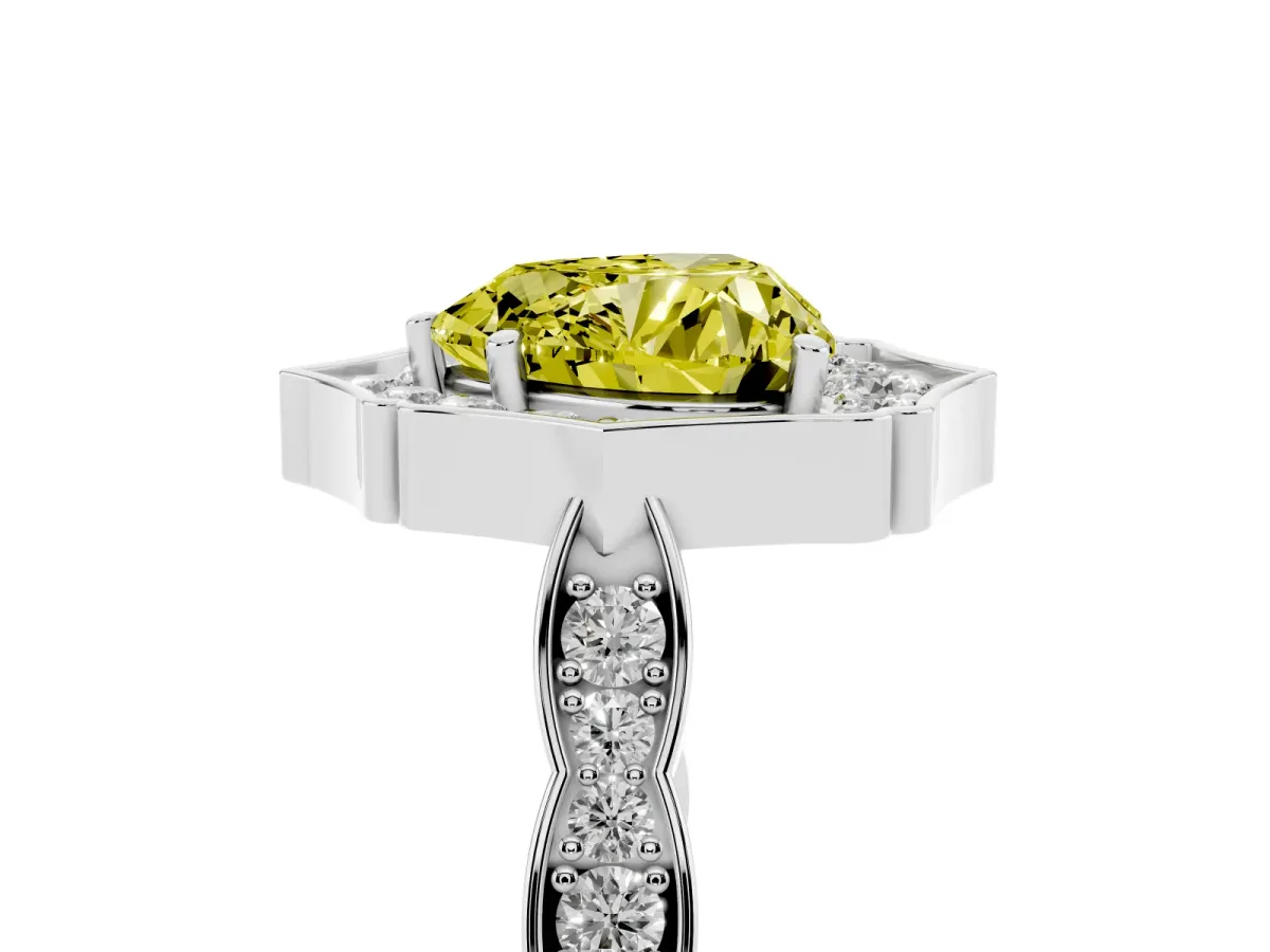Fancy Yellow Heart Cut Halo Diamond Engagement Ring with Milgrain Band and Four-Prong Setting Platinum