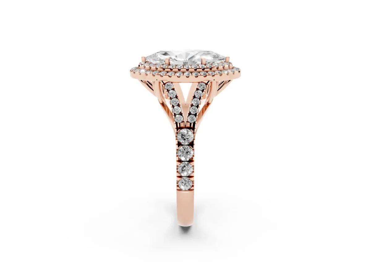 Double Halo Marquise Cut Diamond Split Shank Engagement Ring with Four-Prong Setting Rose gold